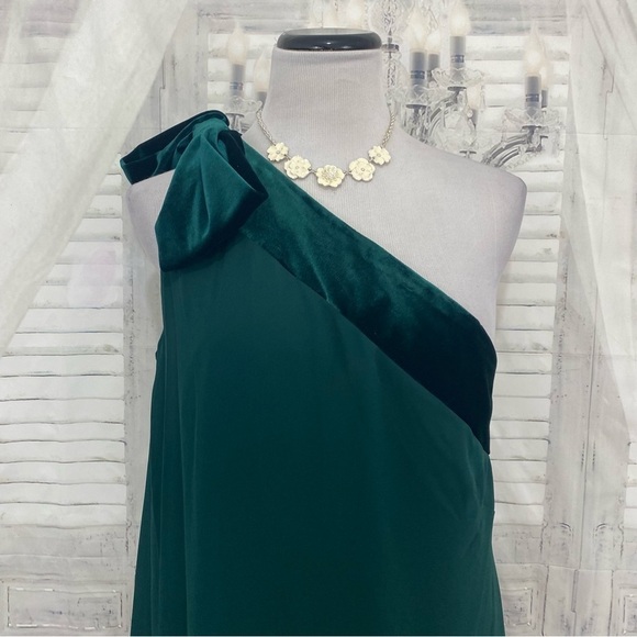 NEW Lauren Ralph Lauren Solid Green Chiffon Velvet One Shoulder Cocktail Dress - Picture 5 of 12